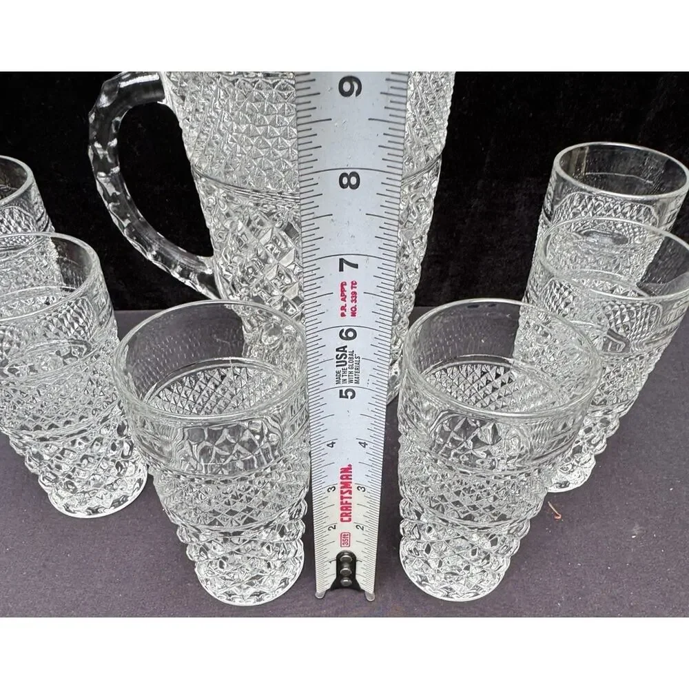 Anchor Hocking Wexford Diamond Cut Glass Vintage Pitcher & 6 Glasses EUC -8/28